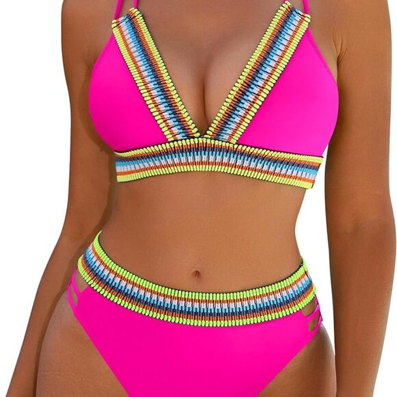 Womens High Waisted Bikini Sets Color Block Two Piece Swimsuit V Neck Crisscross - Picture 1 of 6